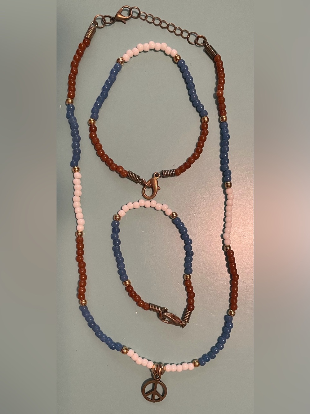 Beaded Peace Pendant Necklace, Bracelet, & Anklet in Blue, Brown & White